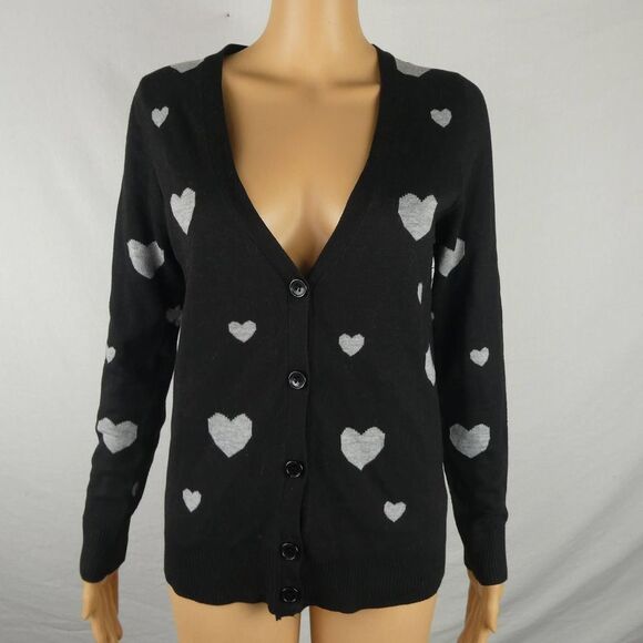 POL Cotton Black Grey Heart Polka Dot Cardigan Sweater Mod Rockabilly Small - Picture 1 of 9